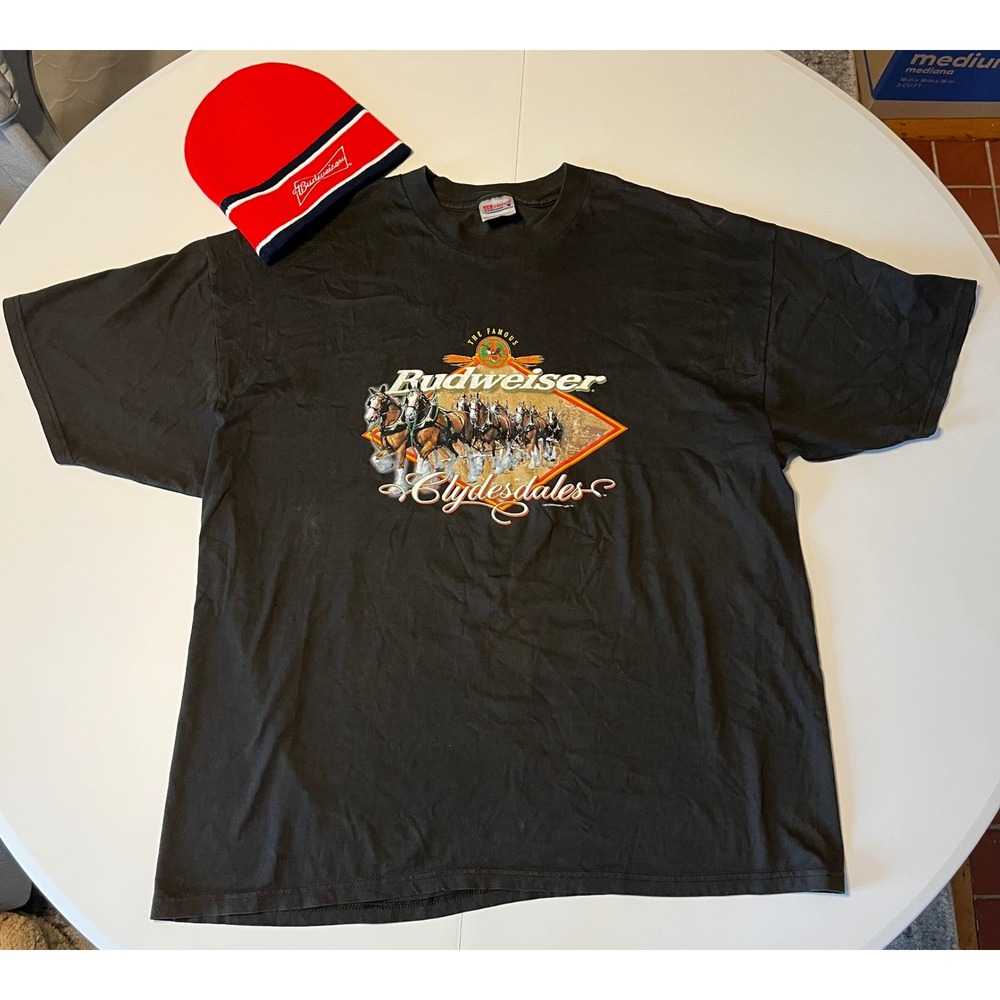 Y2K Budweiser Clydesdales T Shirt Adult XXL & Red Beanie Faded Distressed Grunge